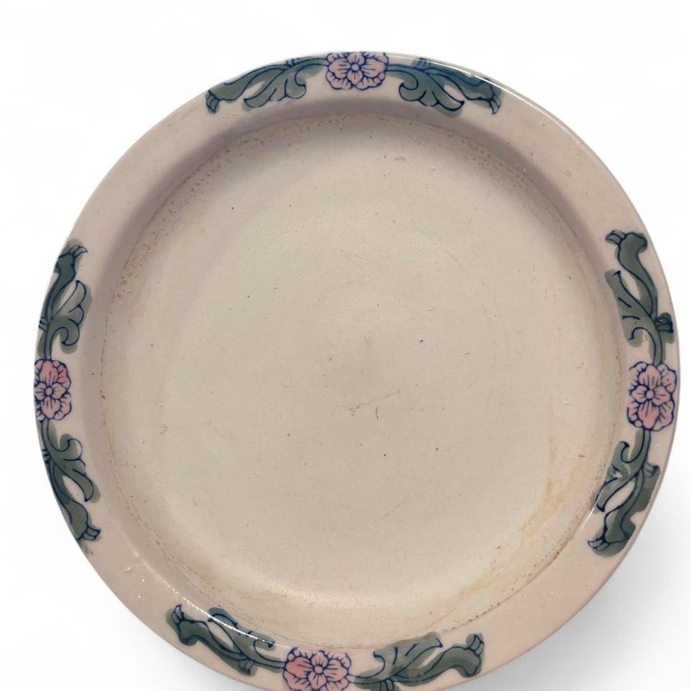 Vintage 1970s Hand Painted Ceramic Floral Plate Green Pink 8 Inch Decor Saucer